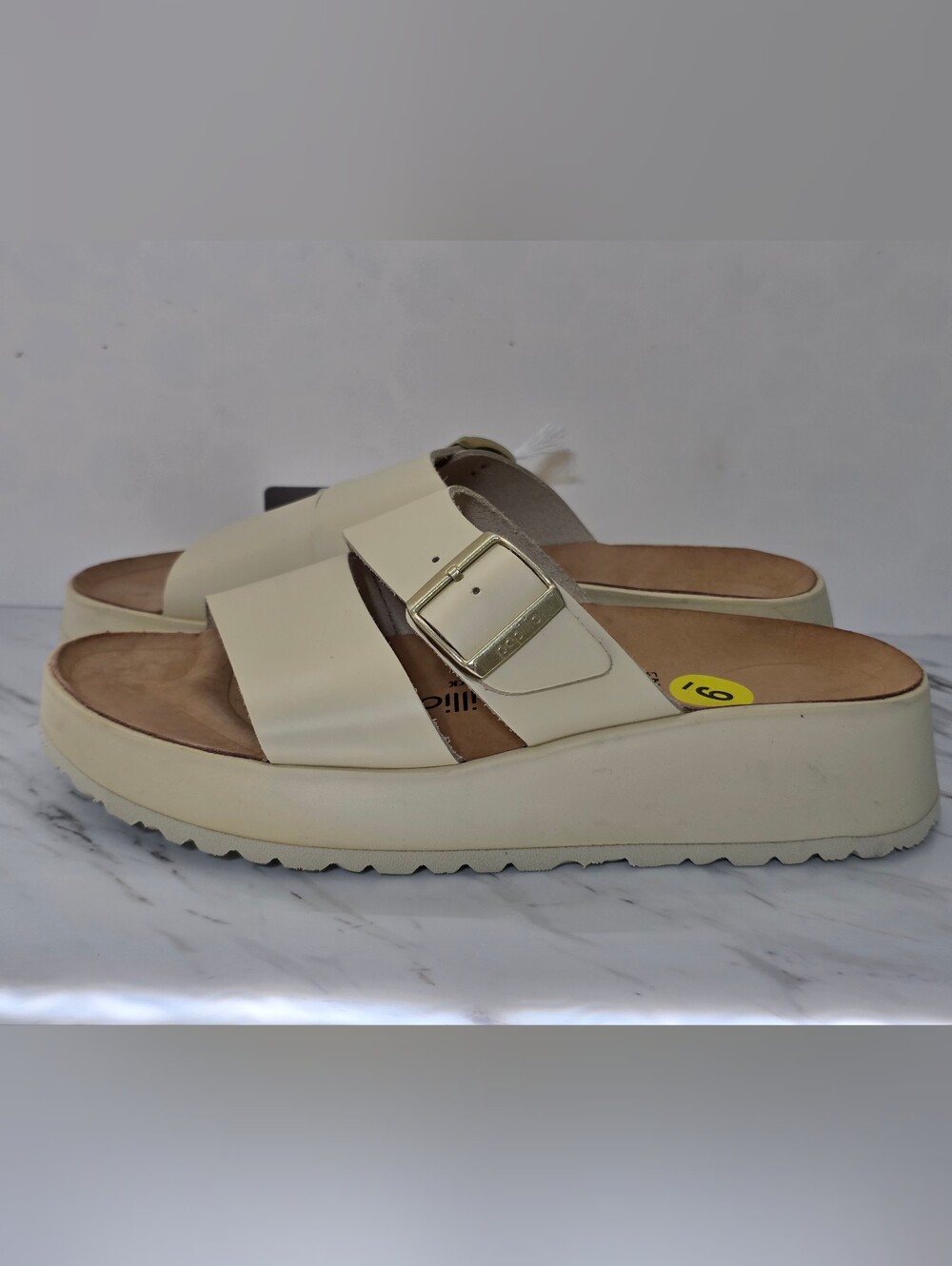 Papillio Cream Slide Sandals with Gold Buckle